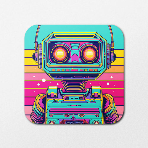 The Flouro Robot Coaster by Blue Dog Posters showcases a colorful retro-style illustration. It features a robot with a boxy head, glowing eyes, antennae, and intricate details against a backdrop of horizontal stripes in pink, yellow, and teal.