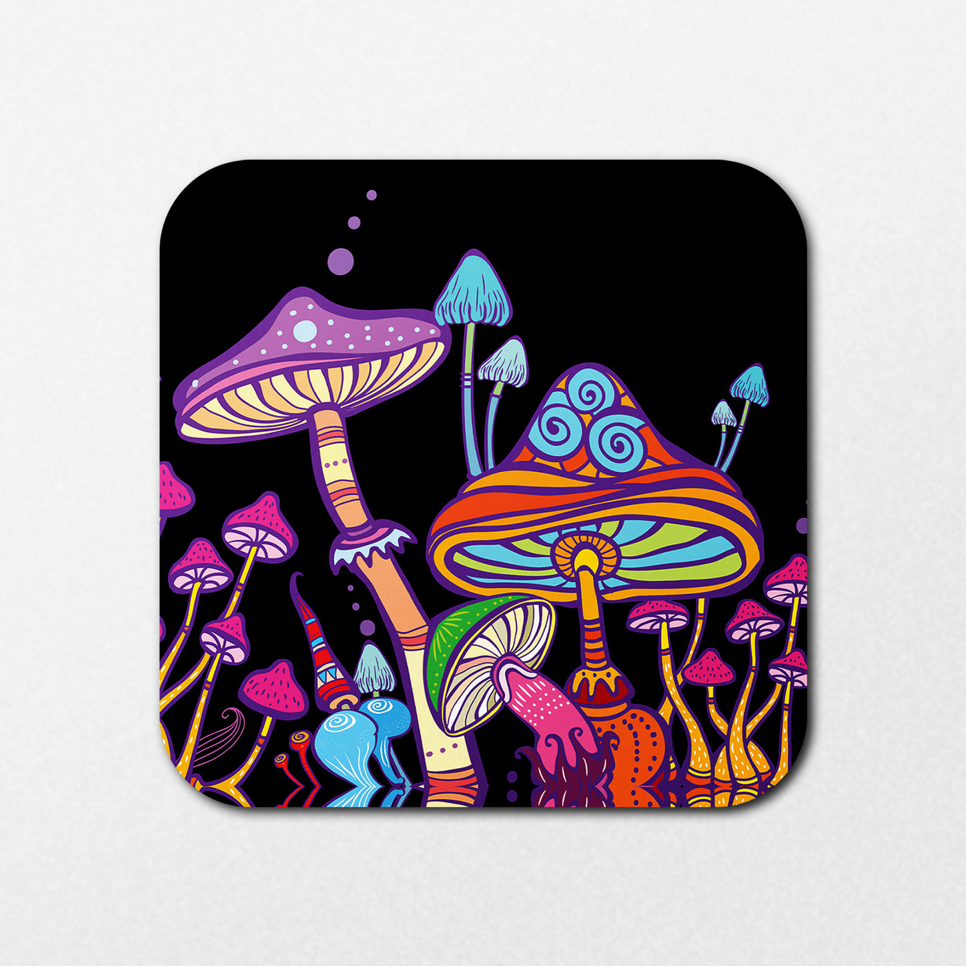 The Mushrooms Coaster by Blue Dog Posters features a vibrant, psychedelic illustration of intricately designed mushrooms with neon colors on a black background, creating a whimsical and fantastical appearance.