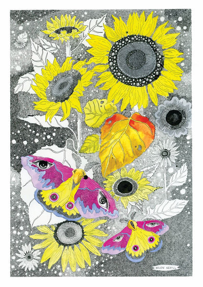 The Moths and Sunflowers print by Helen Nehill, available from Blue Dog Posters, depicts vibrant sunflowers with yellow petals and green leaves. A colorful array of butterflies with pink and orange wings flutters around against a textured black, white, and gray backdrop.