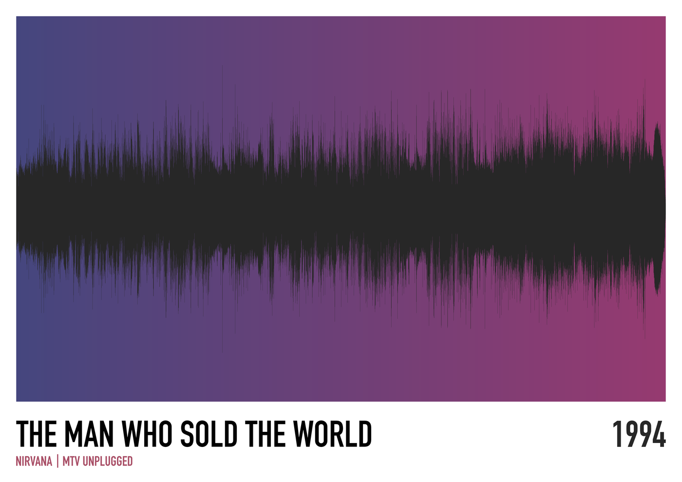 A black soundwave is set against a purple-to-pink gradient. "THE MAN WHO SOLD THE WORLD," "Nirvana | MTV Unplugged," and "1994" appear at the bottom. Blue Dog Posters' artwork is perfect for music fans.