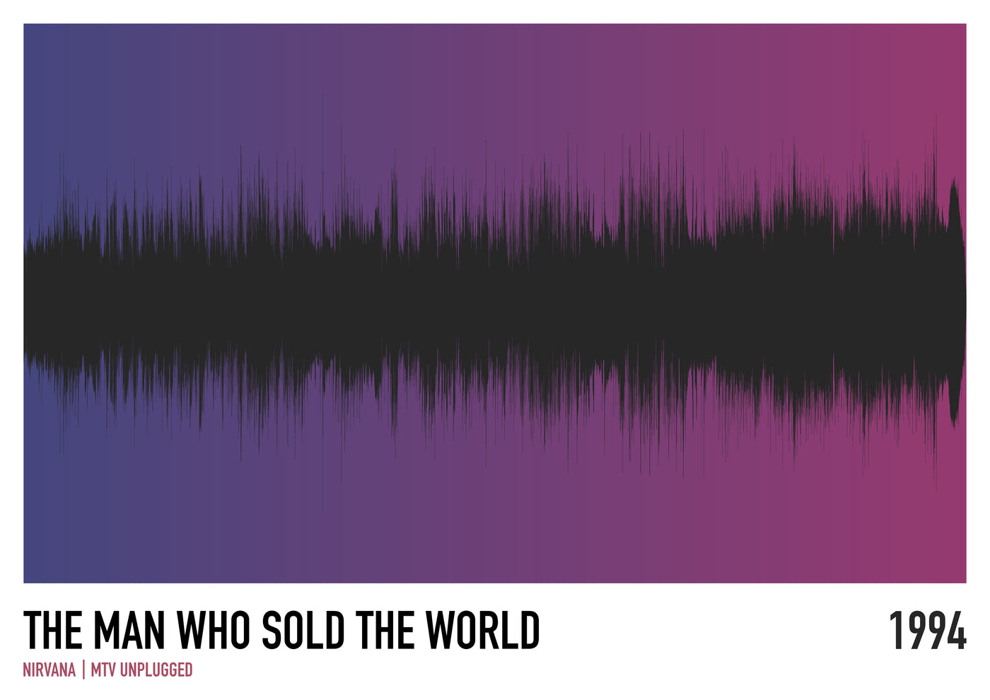 A black soundwave is set against a purple-to-pink gradient. "THE MAN WHO SOLD THE WORLD," "Nirvana | MTV Unplugged," and "1994" appear at the bottom. Blue Dog Posters' artwork is perfect for music fans.