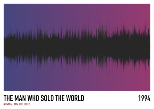 A black soundwave is set against a purple-to-pink gradient. "THE MAN WHO SOLD THE WORLD," "Nirvana | MTV Unplugged," and "1994" appear at the bottom. Blue Dog Posters' artwork is perfect for music fans.