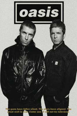 Black and white Oasis - Tour 2025 poster by MUS 213 features two men in dark jackets side by side, "Oasis" in bold above, and yellow text: “The guns have fallen silent…”. A must-have for any music collection.