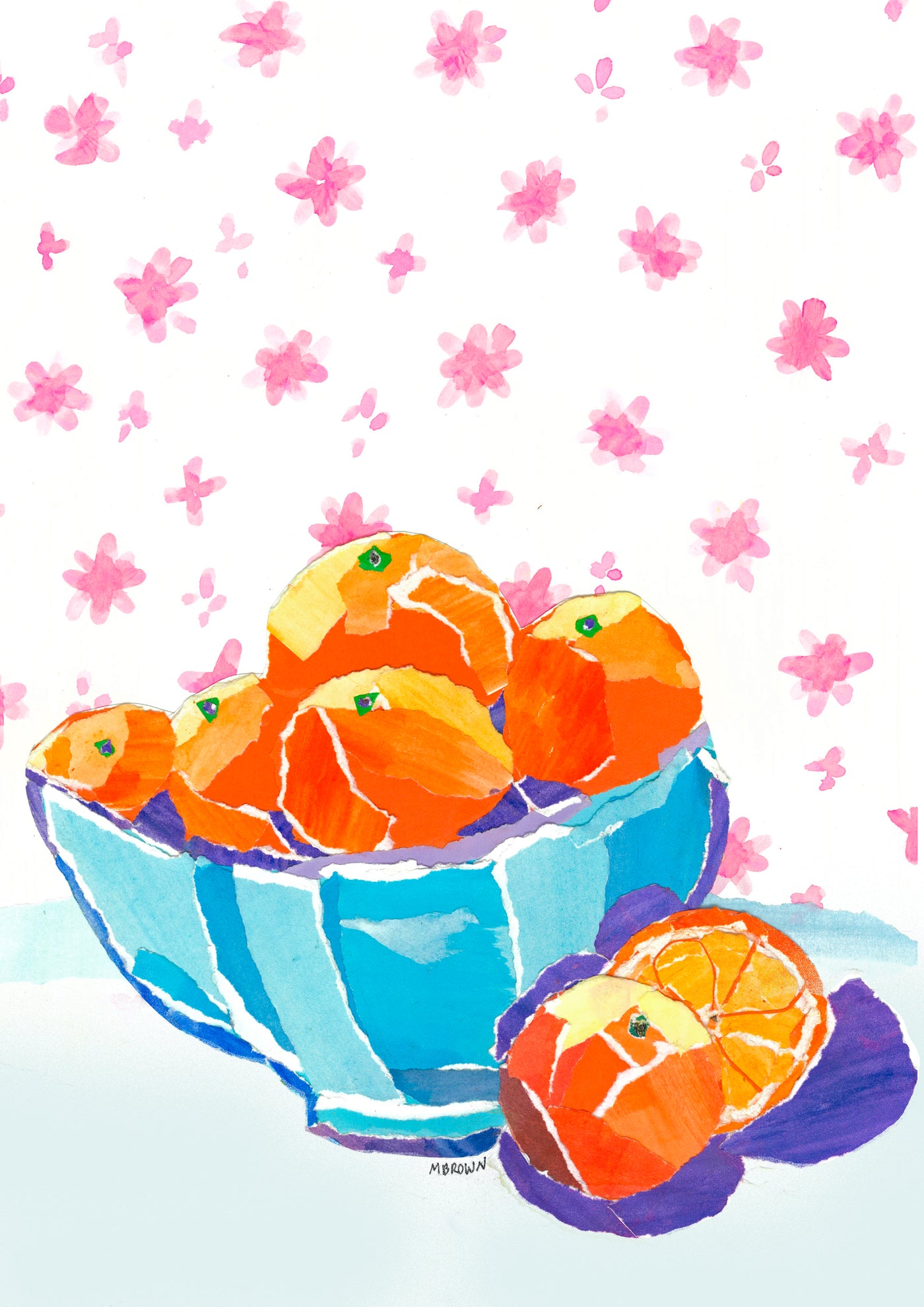 Oranges in Blue Bowl by Melanie Brown from Blue Dog Posters features vibrant peeled oranges in a blue bowl with floral patterns, printed on high-quality satin paper.