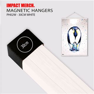 A product image of Blue Dog Posters' Magnetic Timber Hanger 30cm Rustic White Pair in its packaging. To the right, a colorful drawing of adult penguins and a chick is displayed using the poster hangers with their rustic white finish. The hangers are white and measure 30cm.