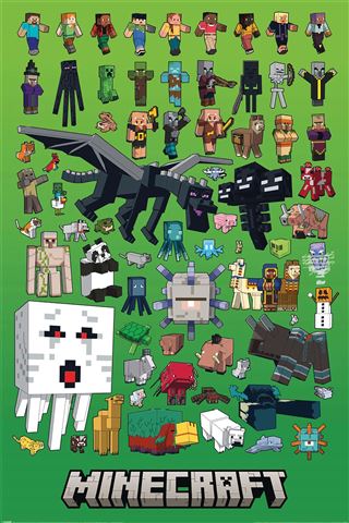 The Minecraft - Characters Montage by GAM 004 features a vibrant collage of characters and creatures on a green backdrop, with "Minecraft" in blocky text at the bottom. This essential gaming poster is printed on premium 150gsm gloss paper.