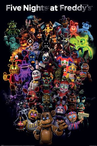 The Five Nights at Freddys - Collage by GAM 054 features vibrant animatronic characters on a dark background with a white title, making it a bold, must-have large poster for any gaming collection.