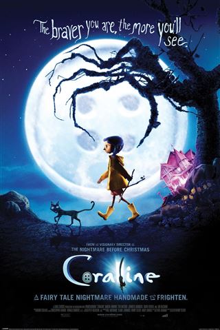 A girl in a yellow raincoat walks with a black cat before a glowing full moon and spooky tree. The pink house looms behind. The Coraline - One Sheet by MTV 104 comes on premium gloss paper as a stunning large poster.