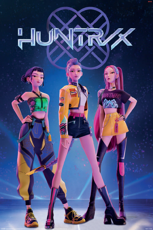 Three animated women in bold, futuristic outfits pose on a starry blue backdrop with a glowing geometric logo and "K-Pop Demon Hunters - Huntrix" by MTV 082, channeling the look of a premium K-pop poster.