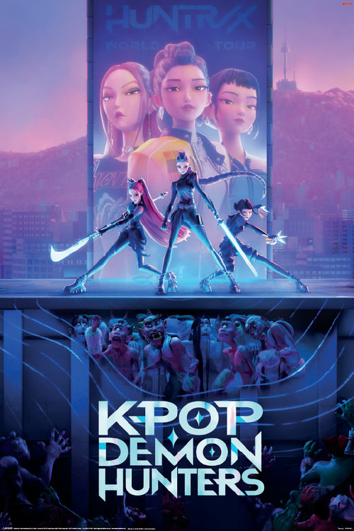 The "K-Pop Demon Hunters - Stage" poster by MTV 117 features three animated girls in black outfits striking bold poses on stage, with their glamorous billboard personas above and lurking monsters below.