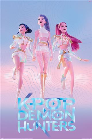 Three animated K-pop girls in shiny pastel outfits pose against a pink-blue gradient, evoking a vibrant MTV 066 K-Pop Demon Hunters - Album poster with the title in bold, reflective letters at the bottom.