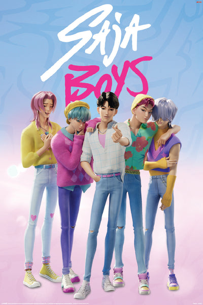 Five stylish young men with vibrant hair pose beneath the bold “K-Pop Demon Hunters - Saja Boys” title from MTV 040, resembling a premium movie poster on a pastel background.