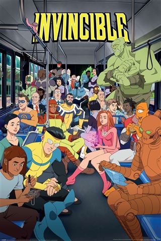 Animated characters from Invincible - Key Art by MTV 142 sit and stand inside a crowded bus, with “INVINCIBLE” in bold yellow at the top, channeling an American Adult Animation vibe perfect for Movies & TV fans.