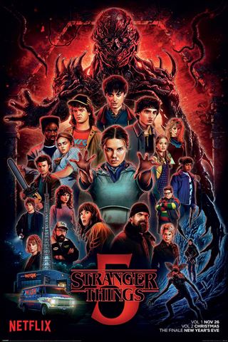 Eye-catching "Stranger Things 5 - One Sheet" poster by MTV 064, showcasing main characters in dramatic poses with a menacing creature and fiery red lighting—a must-have for any Movies & TV Collection.