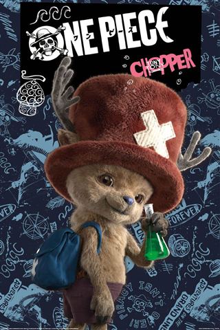 The One Piece Live Action - Chopper poster by MTV 319 shows Chopper in a red hat with a white cross, holding a green flask and a blue backpack, set against a blue patterned background with the One Piece logo—ideal for anime fans!.