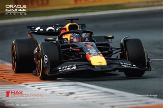 The F1 - Verstappen Zandvoort by SPO 032 showcases a helmeted driver in the number 1 Red Bull Racing car cornering at speed, captured in vivid detail on premium gloss paper—a striking Motor Sport poster for enthusiasts.