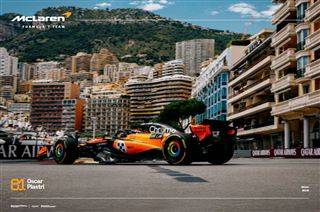 The SPO 047 F1 - Piastri Monaco poster features car number 81, driven by Oscar Piastri, racing on a city street circuit among tall buildings and mountains, printed on premium gloss paper.