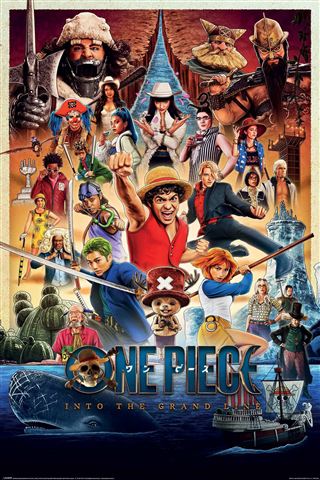 A vibrant anime poster for "One Piece Live Action - S2" by MTV 354 features characters in dynamic poses with weapons, set against a pirate ship, ocean, and towering bridge in this striking Japanese animation scene.