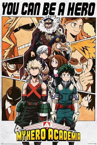 MTV 361's "My Hero Academia - Be A Hero" poster features the main characters in vivid hero costumes, with the inspiring phrase "You Can Be a Hero" prominently displayed at the top. The bold colors and dynamic poses emphasize action and adventure, printed on premium 150gsm gloss paper to beautifully capture every detail.