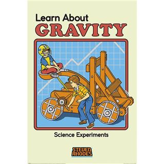 Illustrated cover image titled "Steven Rhodes - Learn About Gravity," featuring a child operating a wooden catapult, launching another child with a helmet into the air against a background of graph paper. Text at the bottom reads "Science Experiments," and "Steven Rhodes" in small text. Part of the Life & Humour Collection from ALT 013, printed on premium 150gsm gloss paper.