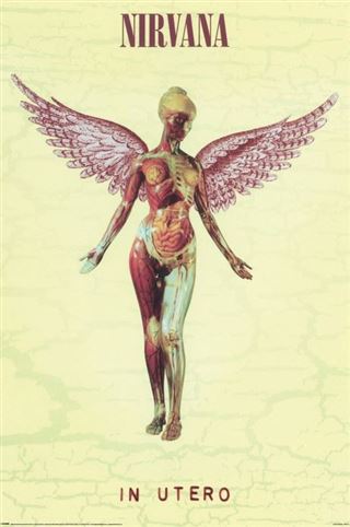 MUS 046’s Nirvana (In Utero) rock poster features an anatomical angel with exposed muscles and organs, wings spread, on a pale background—"NIRVANA" at the top and "IN UTERO" at the bottom; perfect for any music collection.