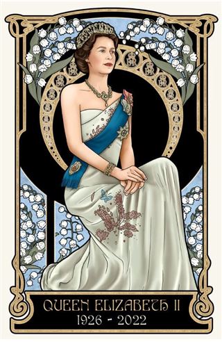 Art Nouveau style illustration of Queen Elizabeth II by ART 078, depicting her seated in a white gown adorned with floral patterns and a blue sash. She is elegantly adorned with a tiara, necklace, and bracelet. The illustration is framed by a decorative black and gold arch, complemented by white flowers. Text below reads "Queen Elizabeth II 1926 - 2022".