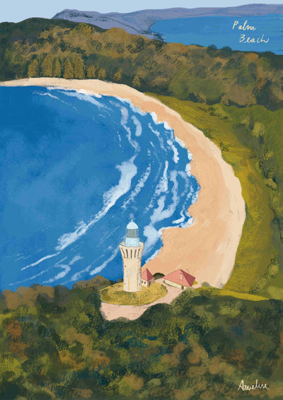 Palm Beach by Annalisa Biancardi from Blue Dog Posters depicts a coastal scene of a lighthouse on green cliffs, overlooking a sandy beach and blue ocean with gentle waves. 'Palm Beach' is handwritten at the top right, framed by trees.