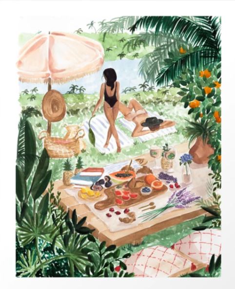 Picnic South of France by Sabina Fenn from GAL46 captures a serene garden picnic on archival paper, with two people relaxing on a mat. Delightful foods and drinks are on the table as a wicker basket and umbrella are amid tropical plants. Available as an Art Print.