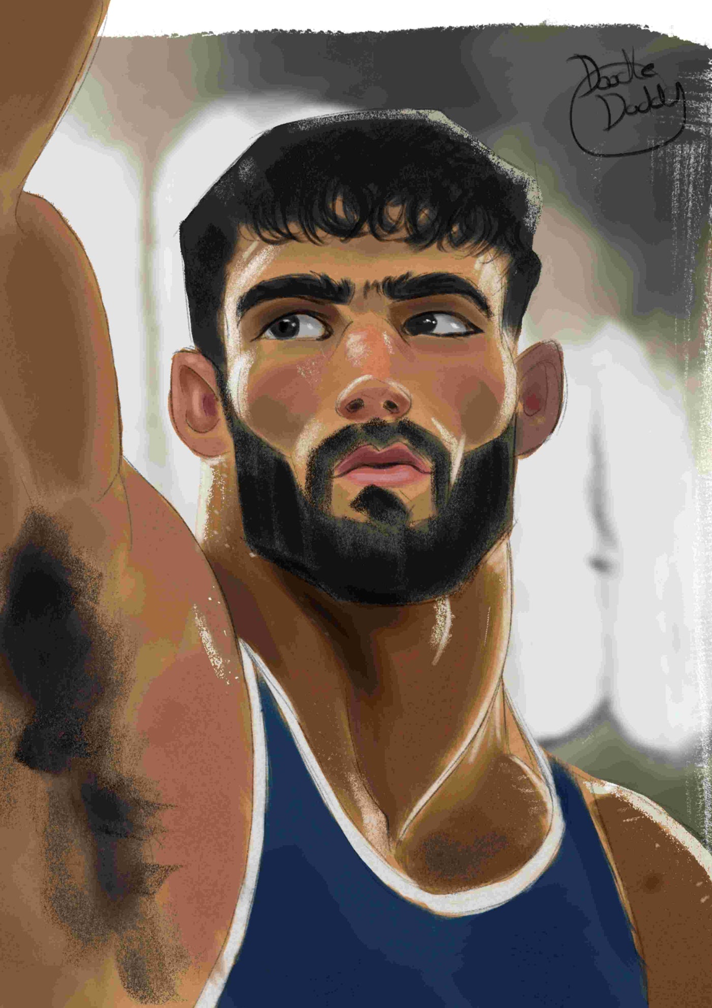 Pit by Miles Illustrated from Blue Dog Posters is a digital painting of a muscular man with curly dark hair and full beard in a blue tank top, his focused expression highlighted as soft light accents his raised arm and strong features.