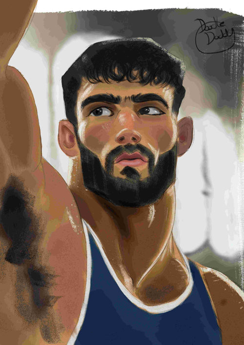 Pit by Miles Illustrated from Blue Dog Posters is a digital painting of a muscular man with curly dark hair and full beard in a blue tank top, his focused expression highlighted as soft light accents his raised arm and strong features.