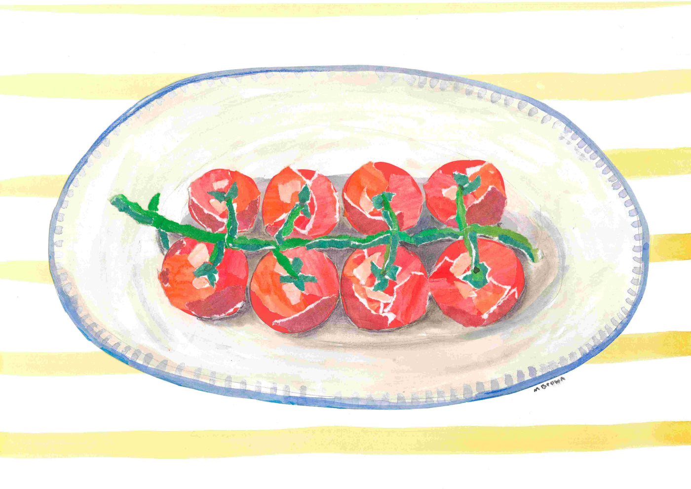 Plated Vine Tomatoes by Melanie Brown is a watercolor art print from Blue Dog Posters, featuring six vine-ripened tomatoes on an oval blue-rimmed plate set against yellow and white stripes. Part of the Featured Artist Collection.
