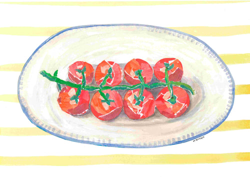 Plated Vine Tomatoes by Melanie Brown is a watercolor art print from Blue Dog Posters, featuring six vine-ripened tomatoes on an oval blue-rimmed plate set against yellow and white stripes. Part of the Featured Artist Collection.