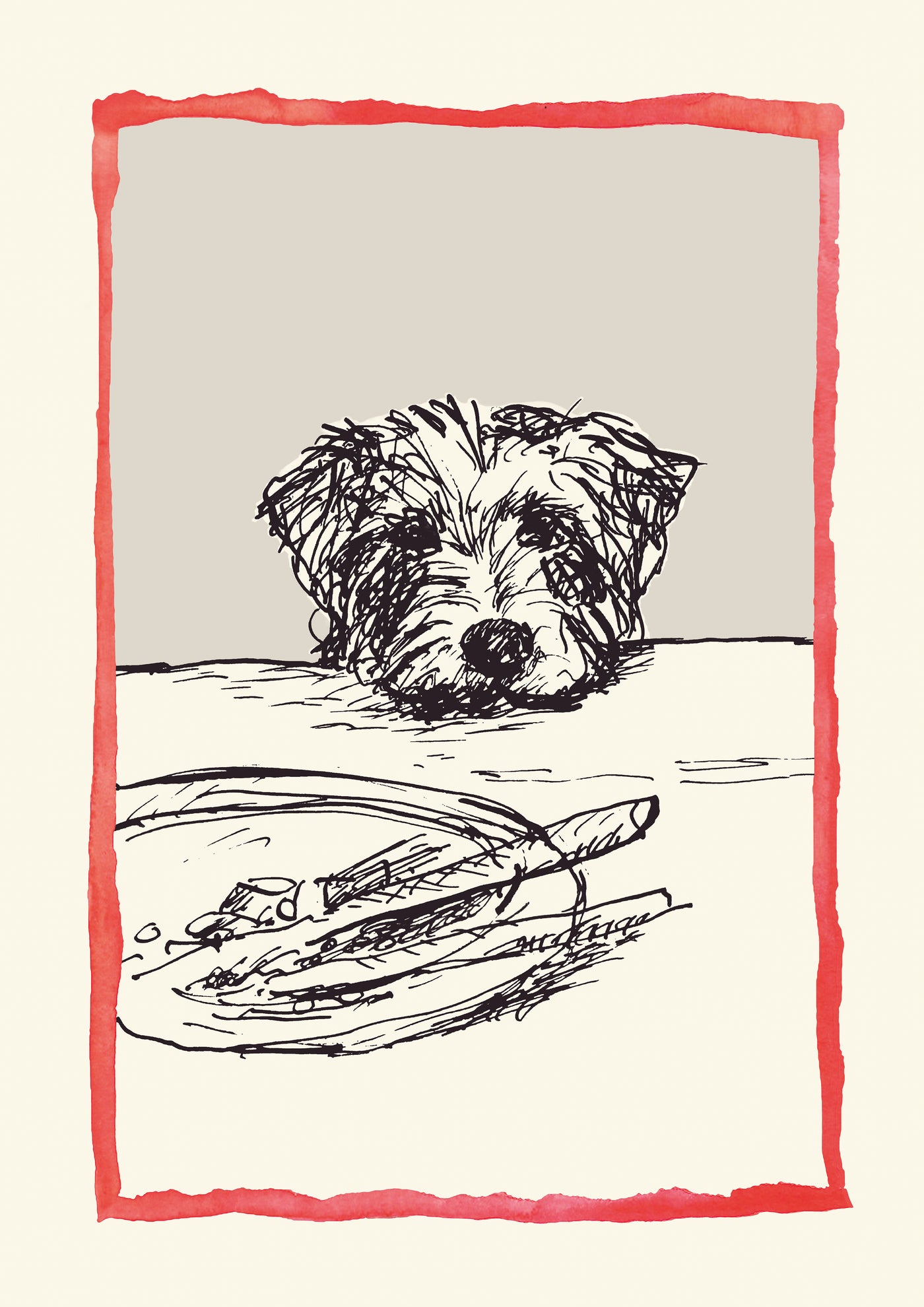Pup with Plate by Poet & Painter A5 by fap depicts a dog resting its head on a table, gazing at a plate with crumbs. Part of the Little Art series, it features a red, watercolor-like border reminiscent of postcard frames.