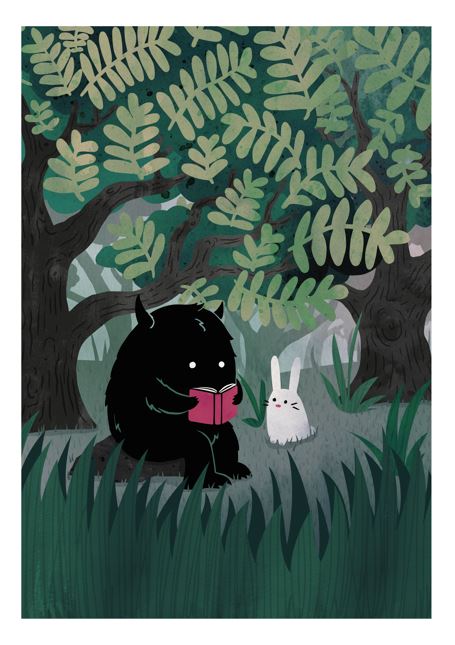 A black, bear-like creature reads a red book to a white rabbit under leafy trees in "Another Quiet Spot by Littleclyde." This serene A3 print, surrounded by lush greenery, is offered by Blue Dog Posters.