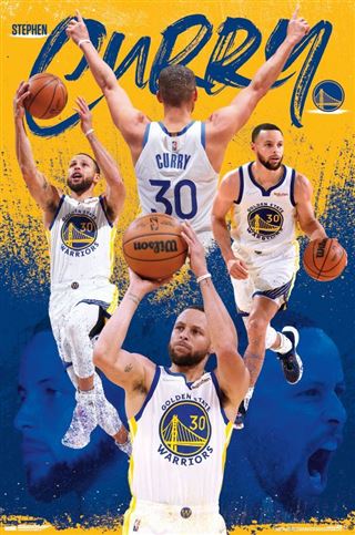 A dynamic basketball poster featuring a collage of Stephen Curry in various action poses. He is shown dribbling, shooting, and celebrating in his white Golden State Warriors uniform with the number 30. The background is a vibrant mix of blue and yellow, ideal for any Sport Collection. This is the NBA - Stephen Curry 23 by SPO 009.