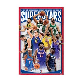 The NBA - Superstars 24 poster, by SPO 019, showcases nine basketball players in dynamic action poses wearing different team jerseys. Printed on premium gloss paper, it features the word "SUPERSTARS" prominently at the top with a striking red border, making it an eye-catching addition to any sports collection.