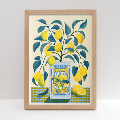The Lemon Tree Riso Print by Printer Johnson from Blue Dog Posters features a lemon tree with yellow lemons and green leaves growing from a blue olive oil tin, set against a patterned background. Printed with eco-friendly soy-based inks.