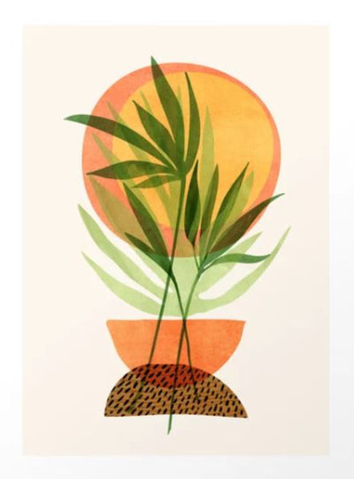 Retro Sunset by Modern Tropical from GAL124 features an abstract design with green leaves, an orange semicircle, and a brown speckled shape, highlighted by earthy tones for a modern plant landscape.