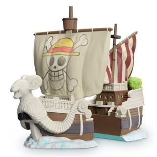 The Blue Dog Posters One Piece - Going Merry Bookends Pair features hand-painted resin models with sheep figureheads and striped sails, inspired by the iconic ship from One Piece—ideal for fans or as unique display bookends.