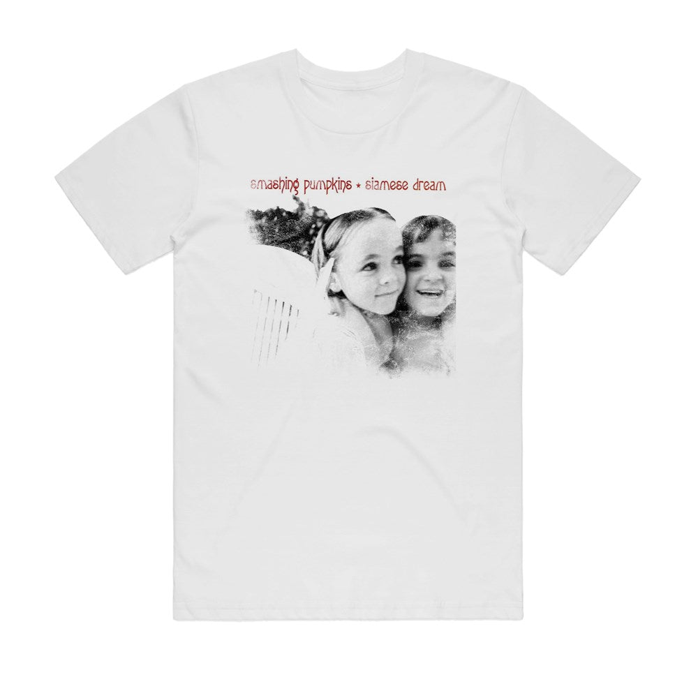 The Blue Dog Posters Smashing Pumpkins Siamese Dream T-Shirt in white (MED) features a black-and-white photo of two smiling girls and bold red "Smashing Pumpkins • Siamese Dream" text above the image.