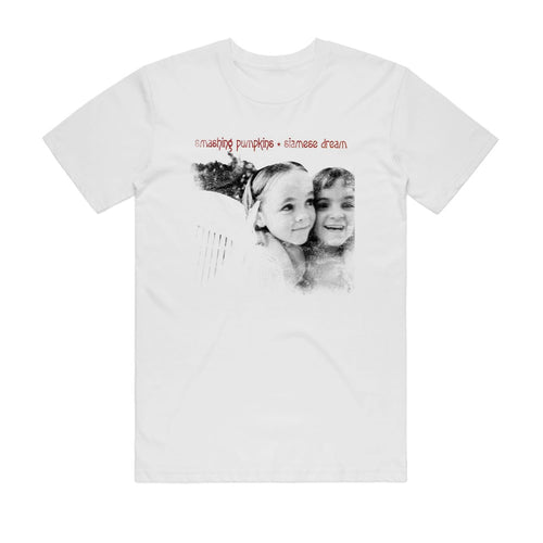 The Blue Dog Posters Smashing Pumpkins Siamese Dream T-Shirt in white (MED) features a black-and-white photo of two smiling girls and bold red "Smashing Pumpkins • Siamese Dream" text above the image.