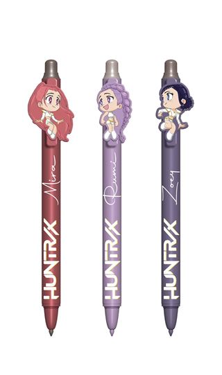 The Blue Dog Posters K-Pop Demon Hunters - Chibi Erasable Pen 3 Pack includes red, lavender, and purple gel pens featuring “Nina,” “Quimi,” and “Zoey,” each topped with a matching cartoon girl character.