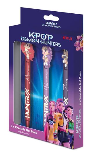 The Blue Dog Posters K-Pop Demon Hunters - Chibi Erasable Pen 3 Pack features three pens with character toppers in animated, colorful packaging with Netflix branding and a smooth satin finish.