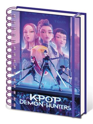 The K-Pop Demon Hunters - Huntrix A5 Wiro Notebook by Blue Dog Posters features a dynamic cover with three stylized women beneath the "WORLD TOUR" title, inspired by the hit "KPOP DEMON HUNTERS" animated series.