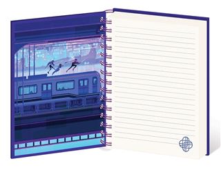 An open Blue Dog Posters K-Pop Demon Hunters - Huntrix A5 Wiro Notebook shows lined spiral pages: the left features people on a train in a neon city, and the right page is blank except for the official logo at the bottom.
