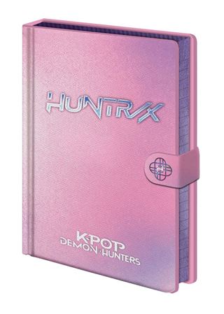 The K-Pop Demon Hunters - Logo Clasp - Premium Notebook by Blue Dog Posters features a pastel pink and purple A5 design with metallic "HUNTRX" and "KPOP DEMON HUNTERS" lettering—an officially licensed must-have for fans.