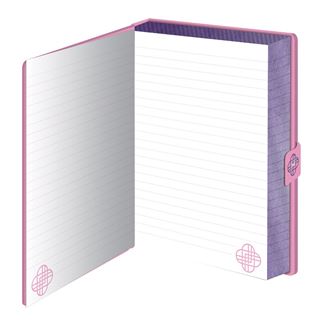 The Blue Dog Posters K-Pop Demon Hunters - Logo Clasp Premium Notebook is an officially licensed pink A5 hardcover with lined pages and decorative corner patterns, shown from an angled view.