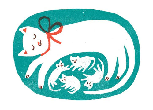 The Cat & Kittens A4 Print by Printed Peanut from Blue Dog Posters features eco-friendly Risograph artwork of a white cat with a red ribbon curled around four kittens on a teal background in a heartwarming scene.