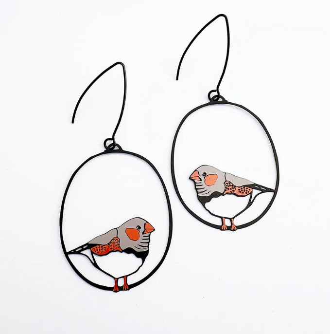 Add a playful touch to your style with Midi Zebra Finch Earrings by Denz from Blue Dog Posters. These hypoallergenic wire hoops feature colorful zebra finch designs with gray bodies, orange beaks, and dotted wings on a white background.