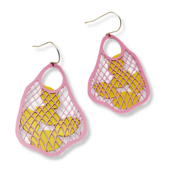 String Bag Earrings in Pink with Lemons by DENZ, from Blue Dog Posters, are unique earrings shaped like pink mesh bags with yellow lemons inside. Designed on the Sunshine Coast, they feature gold hooks for easy wear.